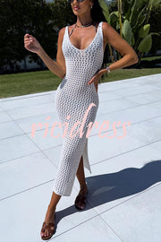 Solid Color V-neck Hollow Beach Knitted Cover-up Midi Dress