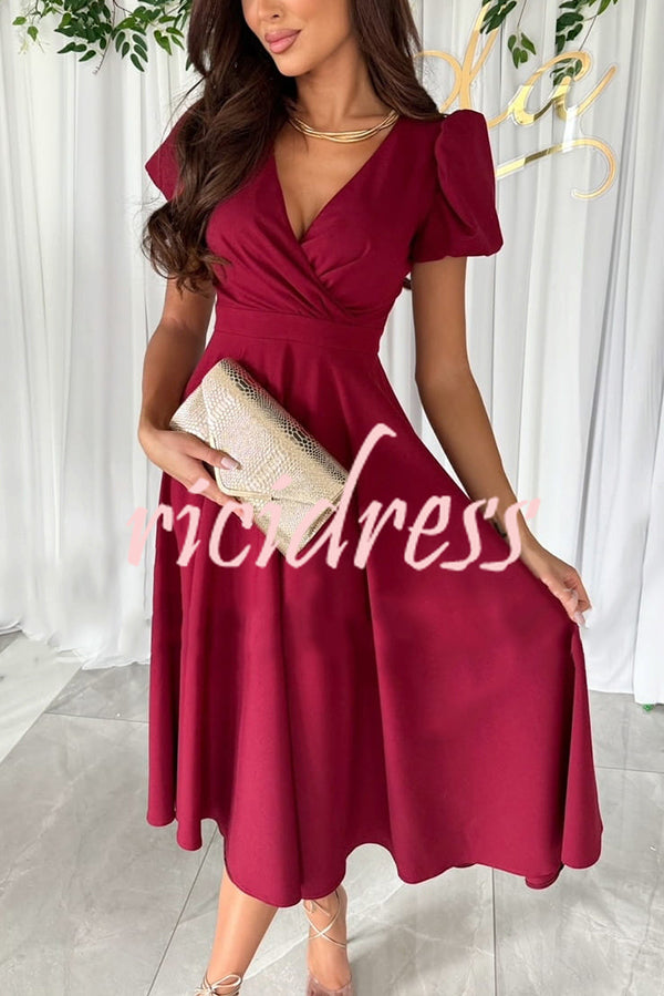 Zayla Solid Color Puff Sleeve V-neck Waist Slim Fit Midi Dress