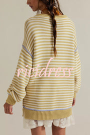 Fashion Striped Colorblock Loose Round Neck Long-sleeved Knitted Sweater