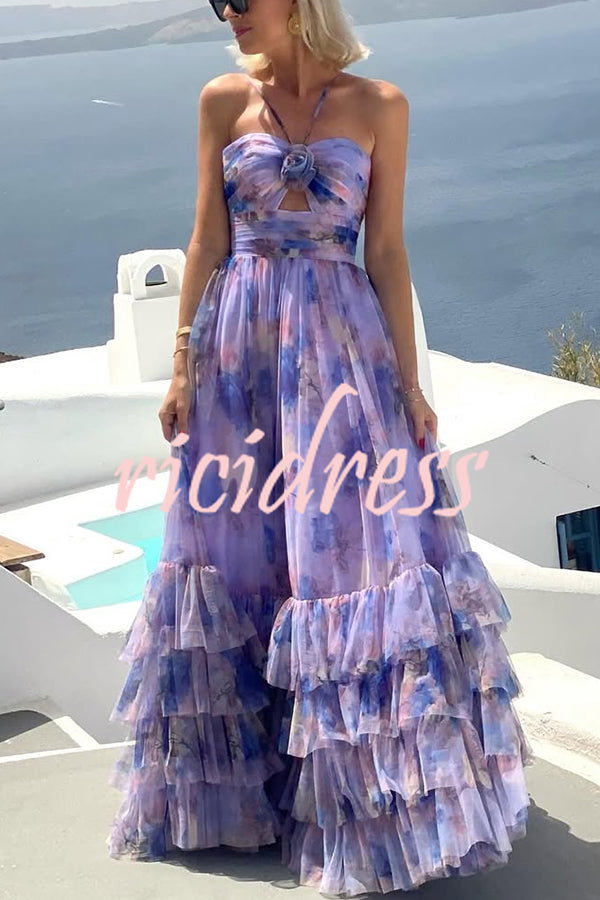Dreamy Clouds Tulle Printed Rose Detail Cutout Ruffles Tiered Halter Maxi Dress