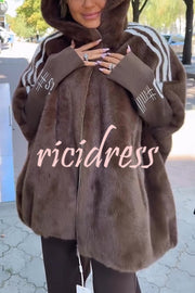 Fashion Sports Stripe Print and Ribbed Embroidered Long Sleeve Zipper Hooded Plush Coat