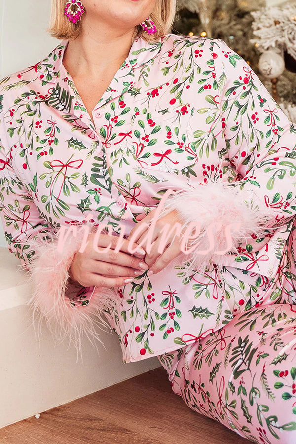Iconic Holiday Printed Feather Trim Elastic Waist Pocketed Pajama Set