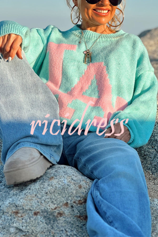 Letter Pattern Crew Neck Long Sleeve Loose Knit Sweater