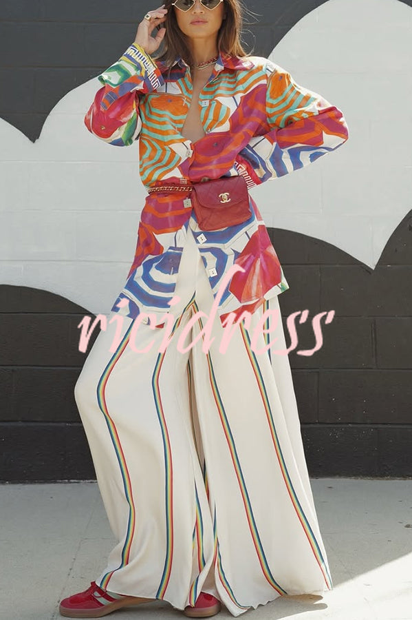 Elouise Satin Color Block Art Print Long Sleeve Button Back Elastic Waist H-line Mini Dress
