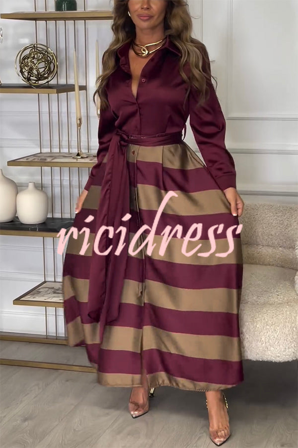 Lindsey Satin Colorblock Contrast Long Sleeve Belted Shirt Maxi Dress