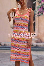 Maureen Knit Colorblock Tie-up Shoulder Slit Vacation Mini Dress