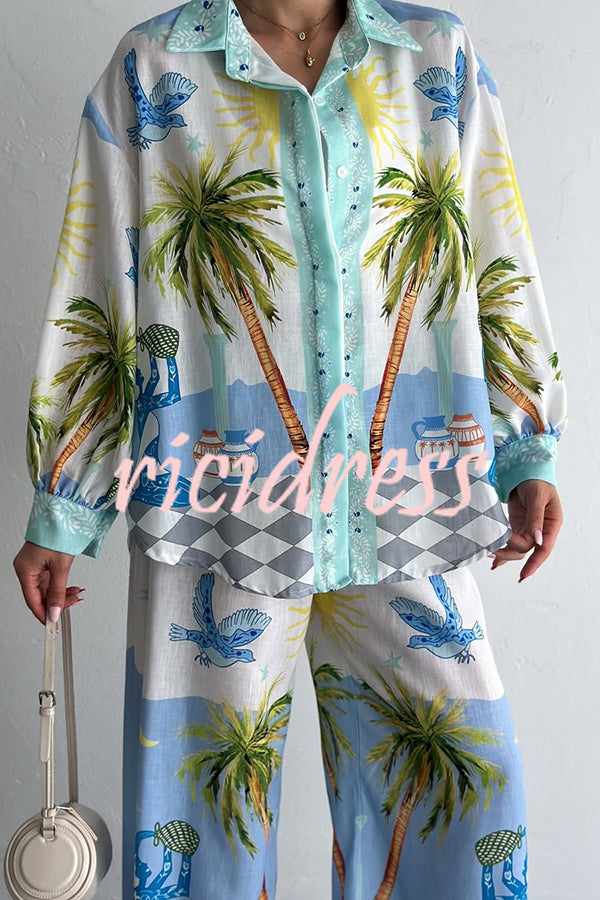 Holiday Style Print Loose Long Sleeve Shirt and Elastic Waist Loose Pocket Wide Leg Pants Set