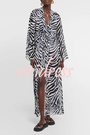 Marsie Zebra-print Elastic Drawstring Waist Long Bell Sleeve Cover-up Kimono