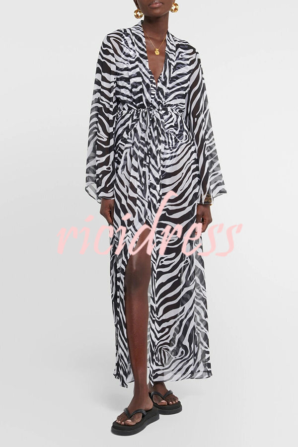 Marsie Zebra-print Elastic Drawstring Waist Long Bell Sleeve Cover-up Kimono