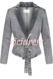 Casual Meetup Denim Stand Neck Long Sleeve Belted Loose Jacket
