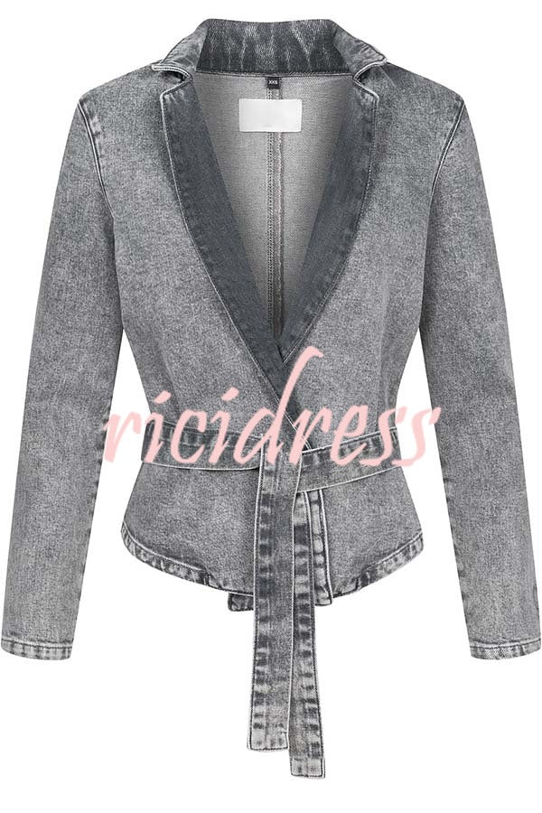 Casual Meetup Denim Stand Neck Long Sleeve Belted Loose Jacket