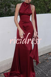 Solid Color Satin Elegant Sleeveless Waist Maxi Dress