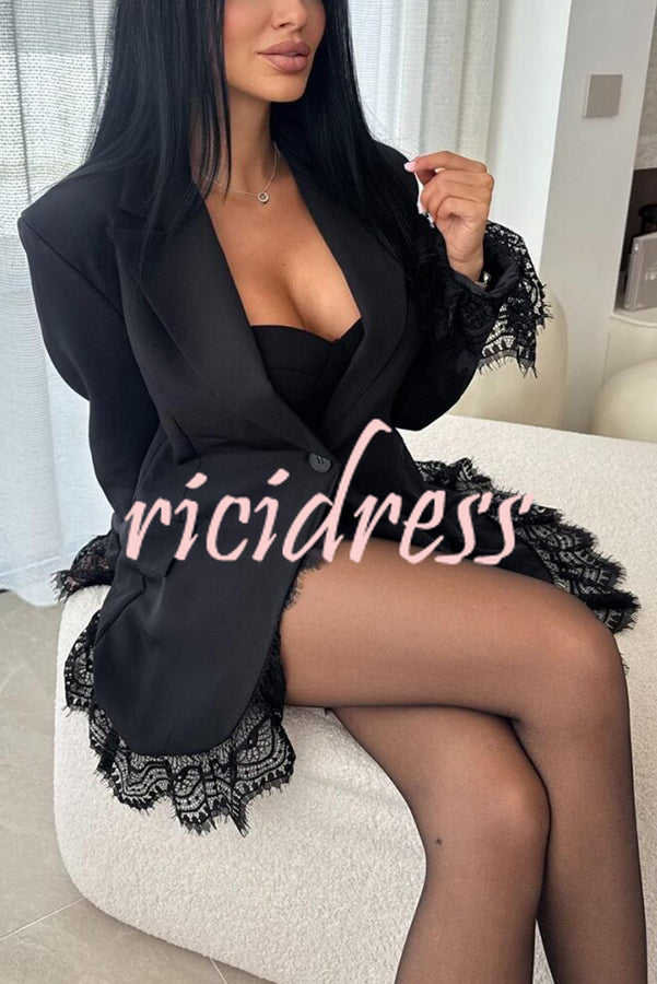 Amazing Items Lace Trim Button Up Long Sleeve Lapel Loose Blazer