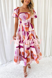 Petal Princess Unique Print Smocked Waist Puff Sleeve Midi Dress