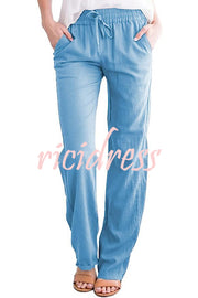 Soft Breathable Solid Color Drawstring Elastic Waist Long Straight Pants
