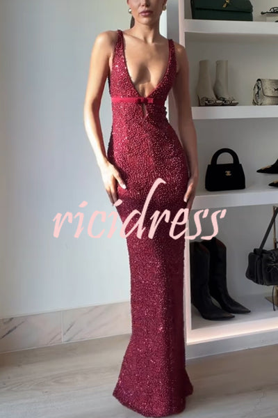 Festival Shines Sequin Beaded Mesh Bow Cutout Detail Slit Maxi Dress