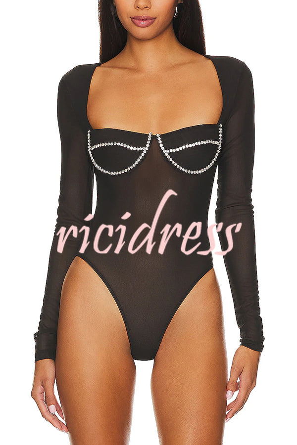 Happy Sexy Friday Mesh Diamante Long Sleeve Stretch Bodysuit