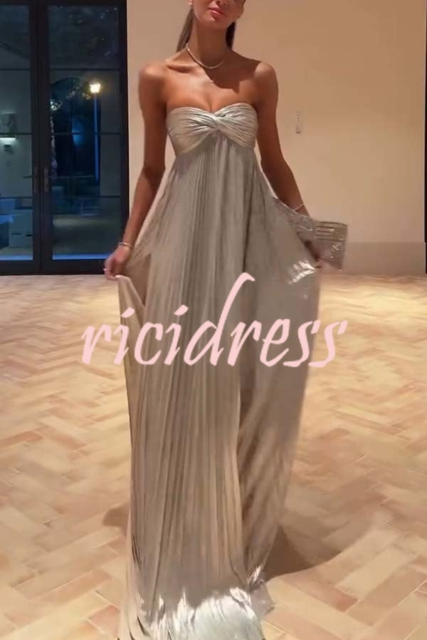 Night Elf Metallic Fabric Pleated Off Shoulder Twist Bust Slit Maxi Dress