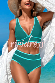 Solid Color Contrast High Waist Stretch Bikini Swimsuit