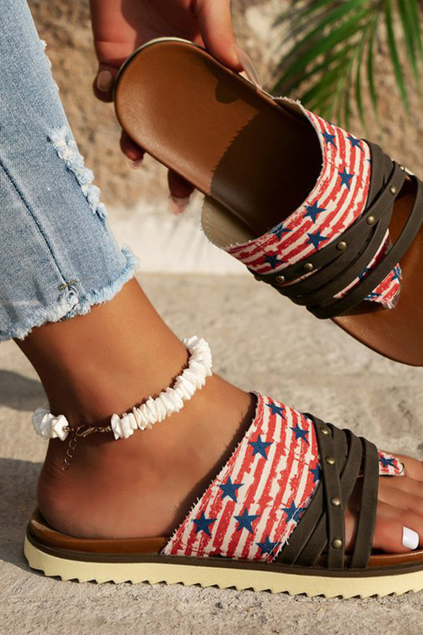Independence Day Printed Vintage Lace Up Studded Beach Slippers