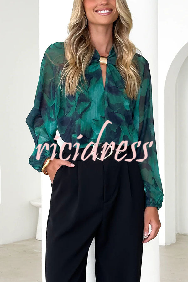 Essentials Printed Gold Cutout Collar Balloon Sleeve Blouse