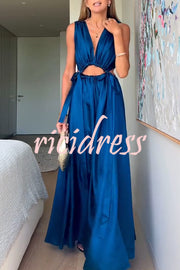 Midnight Charm Satin Ruched Cutout Tie-up Maxi Dress