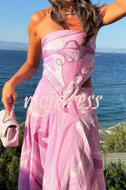 Nessie Satin Unique Print Scarf Tube Top and High Rise A-line Maxi Skirt Set