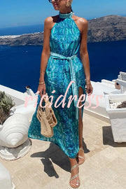 Unique Print Sexy Off-the-shoulder Waist Tie Slit Holiday Midi Dresses