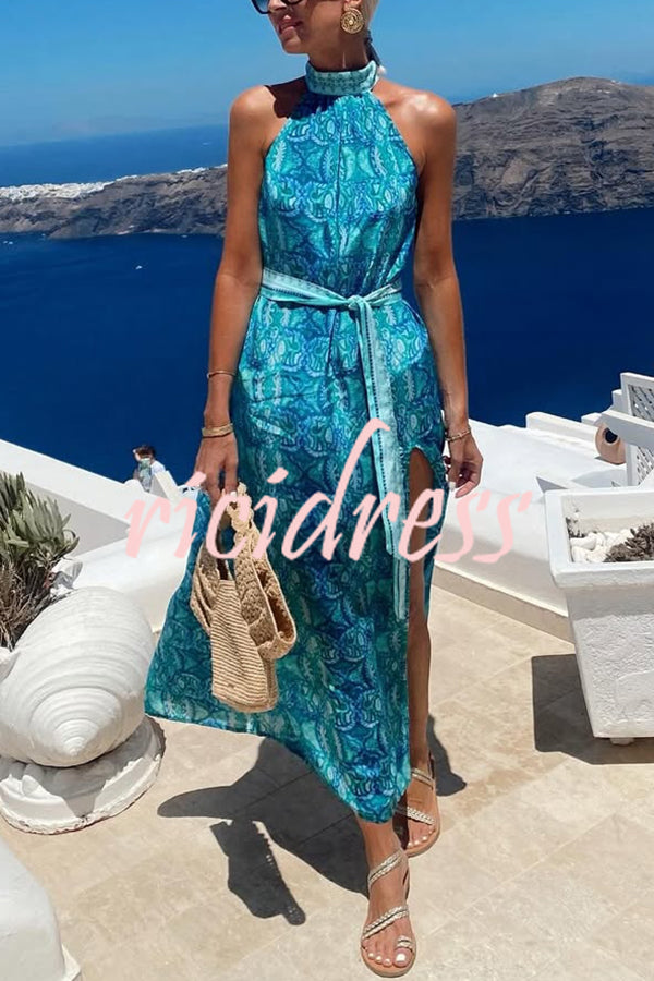Unique Print Sexy Off-the-shoulder Waist Tie Slit Holiday Midi Dresses