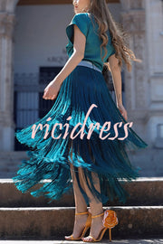 Elegant Tassel Hem Elastic Waist Casual Maxi Skirt