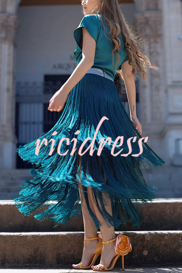 Elegant Tassel Hem Elastic Waist Casual Maxi Skirt