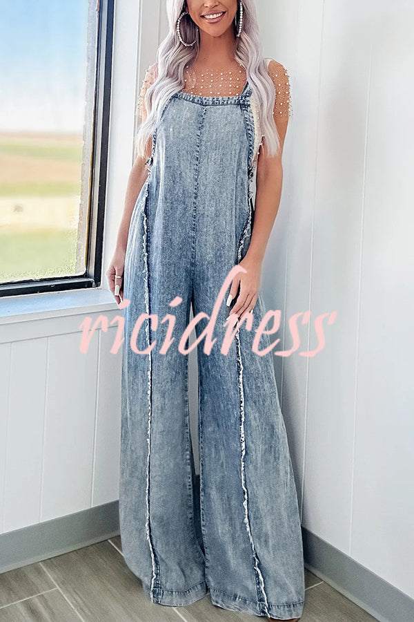 Vintage Washed Denim Raw Edge Elastic Waist Wide Leg Jumpsuit