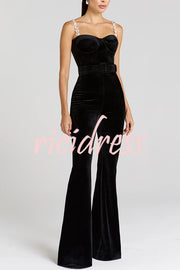 Eliza Luxurious Velvet Fabric Jewel-embellished Shoulder Straps Belted Flare Jumpsuit
