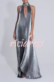 Celebration Party Pleated Metallic Fabric High Deep V-cutout Halter Neck A-line Maxi Dress