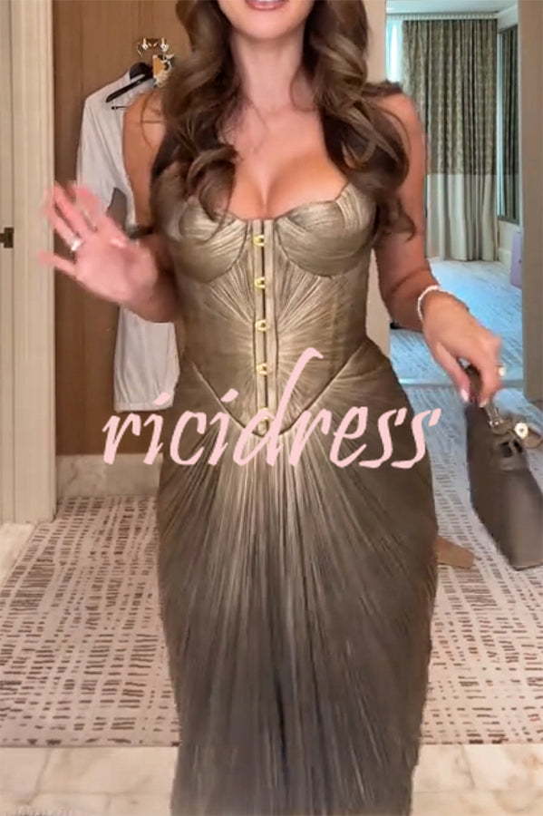 Vegas Queen Metallic Pleated Sculpted Bodice Back Lace-up Drape Maxi Dress