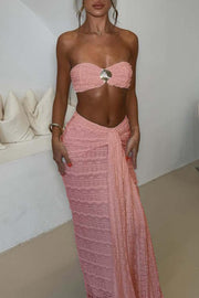 Fashion Metal Shell Embellished Sexy Bandeau and Elastic Tie Maxi Skirt Set