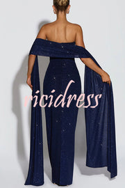 Pandra Glittery Crepe Fabric Off Shoulder Ruched Slit Cape Maxi Dress