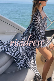 Marsie Zebra-print Elastic Drawstring Waist Long Bell Sleeve Cover-up Kimono