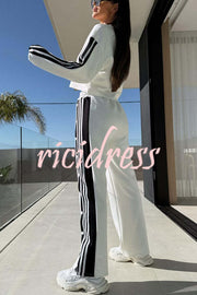 Sporty Chic Striped Patchwork Sweatshirt and Elastic Waist Side Button Up Loose Pants Set