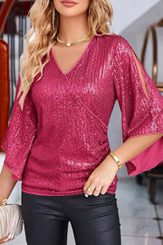 Solid Color Sequined V-neck Hollow Sleeve Slim Fit Top