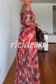 Unique Printed Off-the-shoulder Waisted Holiday Maxi Dress