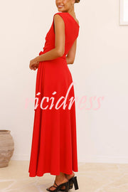 Solid Color Sloped Collar Slim Fit Waist Lace Up Full Hem Maxi Dress