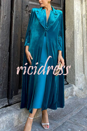Olivienne Luxurious Velvet Padded Shoulders Slit Sleeve Lapel Midi Cape