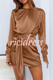 Satin Round Neck Long Sleeve Elastic Tie Mini Dress