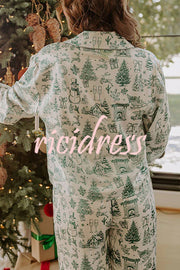 Christmas Night Satin Loose Shirt and Elastic Waist Pocketed Pajama Set