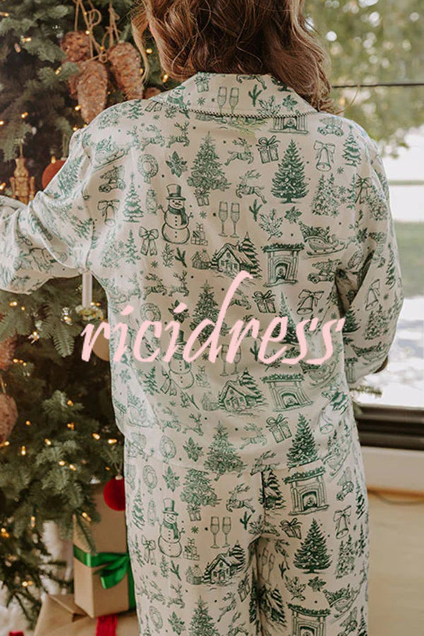 Christmas Night Satin Loose Shirt and Elastic Waist Pocketed Pajama Set