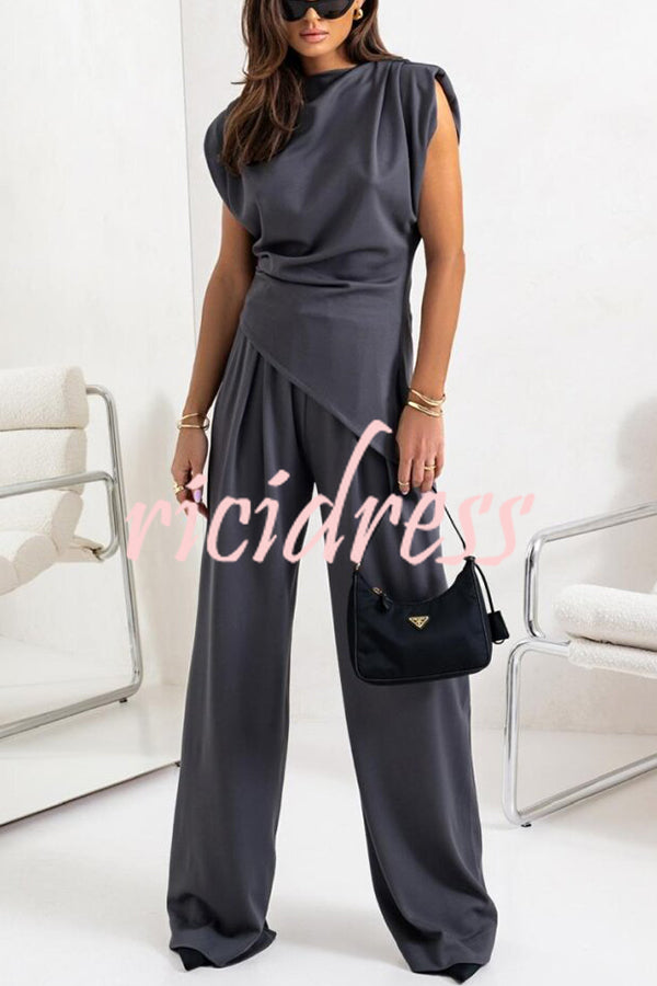 Jordy Ruched Shoulder Slit Top and Elastic Waist Pocketed Wide Leg Pants Set