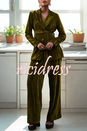 Solid Color Velvet Long-sleeved Waist Tie Top and Elastic Waist Casual Pocket Straight-leg Pants Set