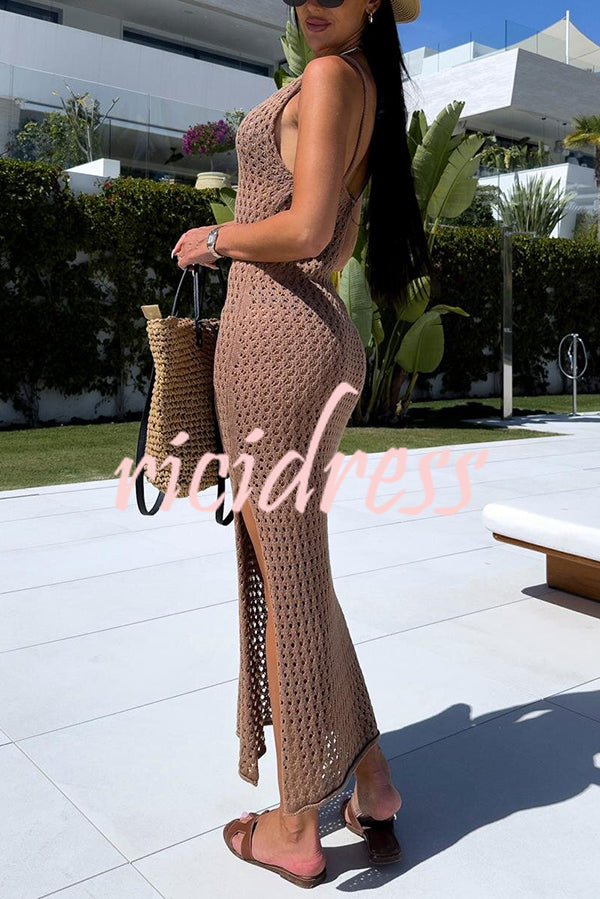 Solid Color V-neck Hollow Beach Knitted Cover-up Midi Dress