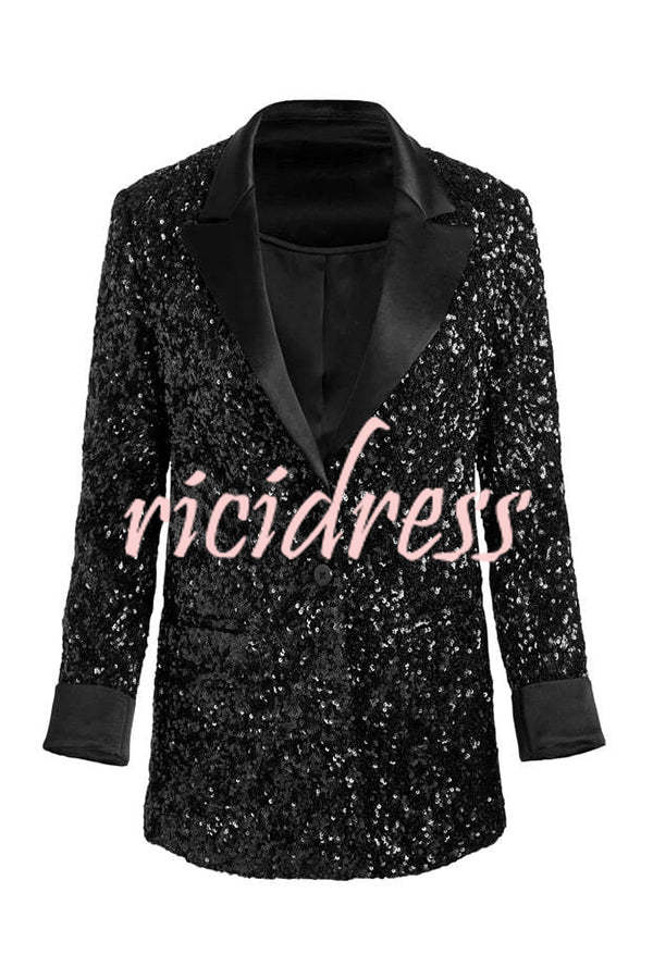 Sparkle Season Sequin Satin Long Sleeve Lapel Formal Party Blazer